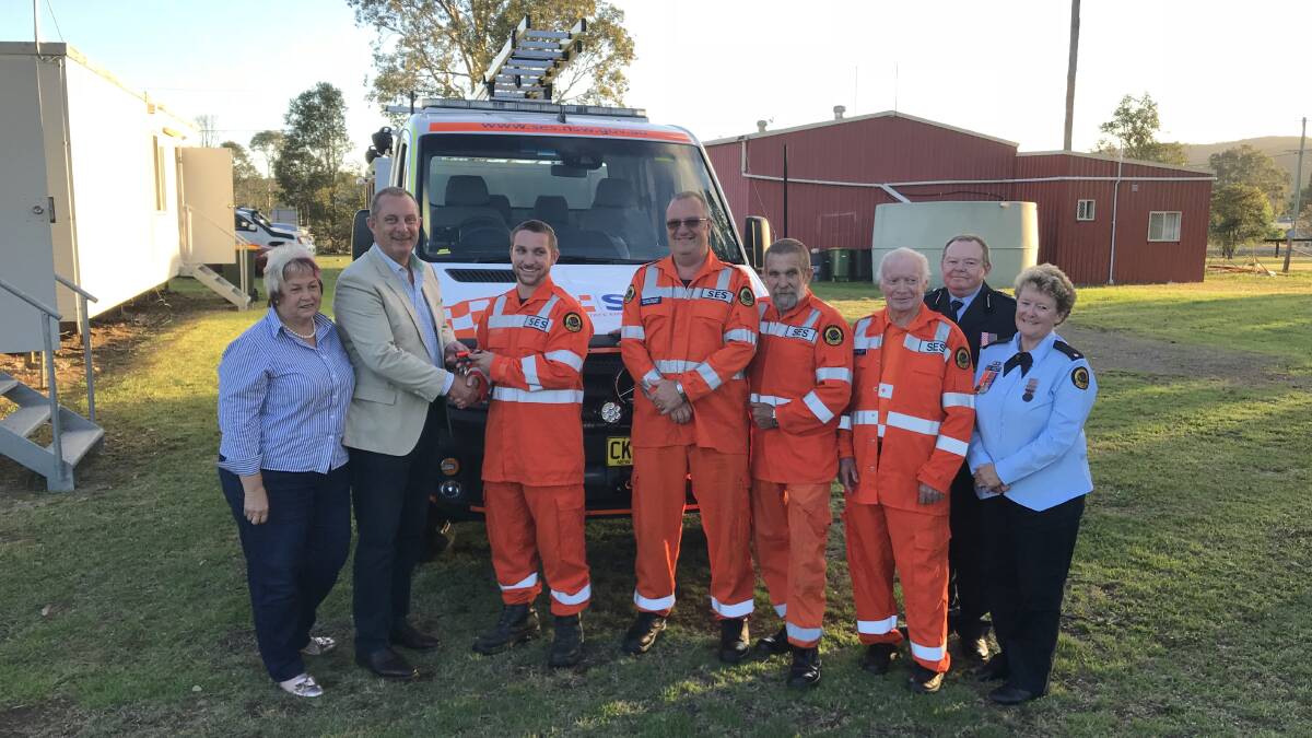 MidCoast Council councillor, Karen Hutchinson, Member for Upper Hunter, Michael Johnsen,with Stroud SES volunteers, Aaron Waters, Roger, Brian Linsley, deputy unit controller, Greg Snape, Stroud and Sandy Snape.