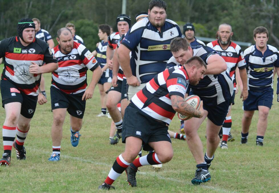Gloucester's Mitch Meredith is rated the best scrummager in the Lower North Coast competition. Here he makes headway in last weekend's clash with the Manning Ratz.
