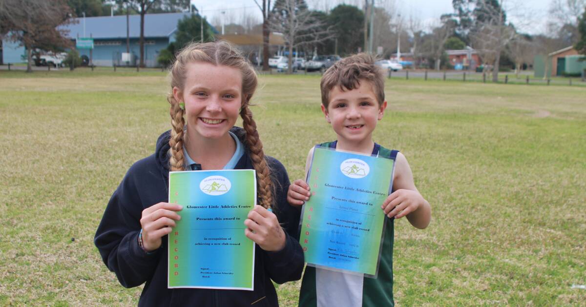 Record breaking: Charlotte Maslen and Jarrod Plater are off to a crashing start to the Little Athletics season by setting their own records.
