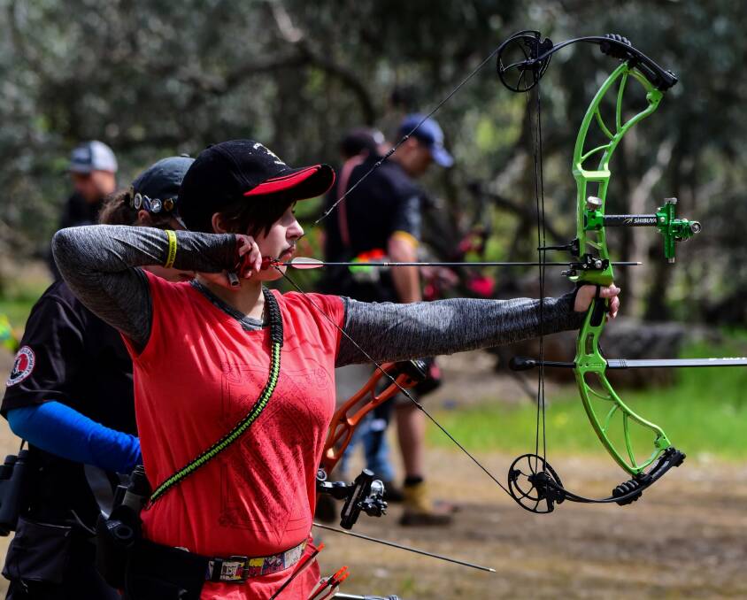 Young Adults Freestyle: Molly Pigott takes aim at the target during the field archery competition held in Wagga Wagga. Picture: Supplied