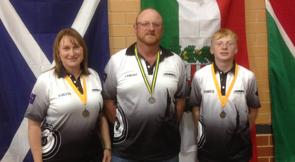 A family affair: All three Terras family members, Evette, Lamont and James, took home medals after a successful few days at the archey competition in Wagga Wagga. Picture: Supplied