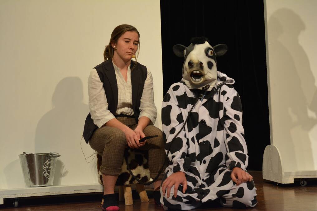 Getting into character: Veteran Emme Moulds, is playing Jack, along side newcomer, Marnie Barkwill, as Milky White during a recent rehearsal. Picture: Anne Keen