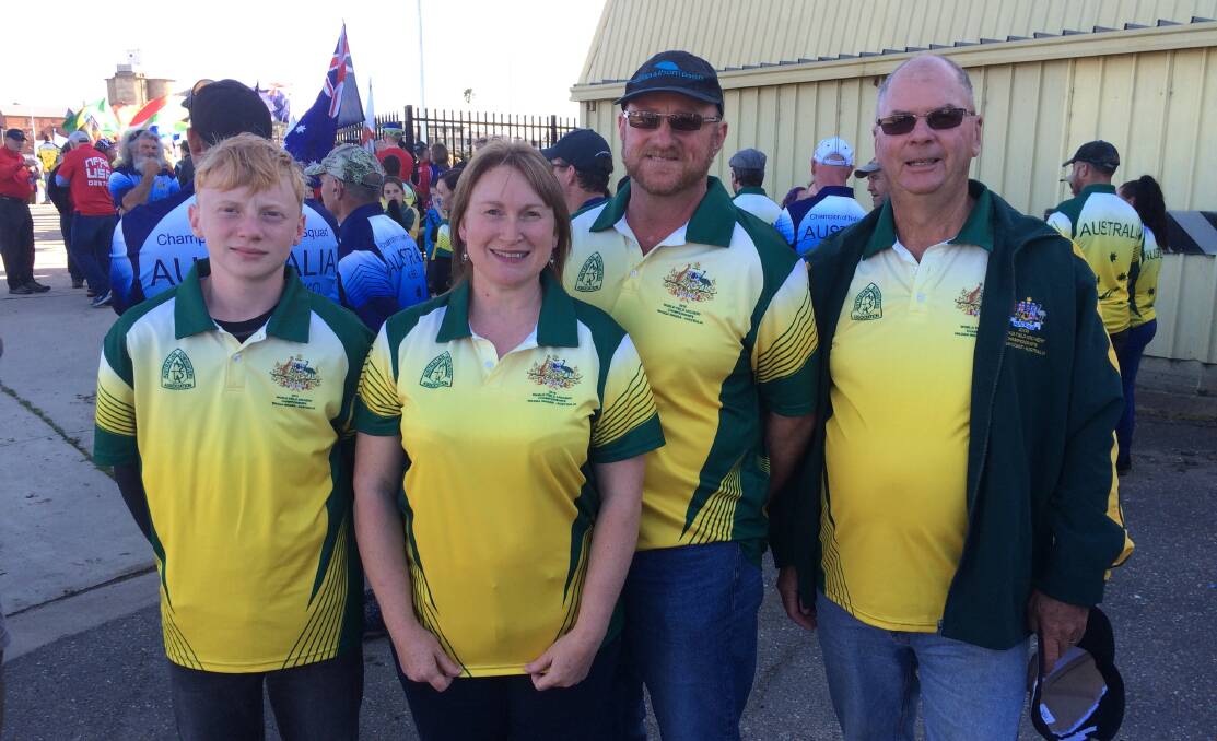 Getting ready: James Terras, Evette Terras, Lamont Terras and Jeff Jennings at the World Field Archery Championships opening ceremony. Picture: Supplied
