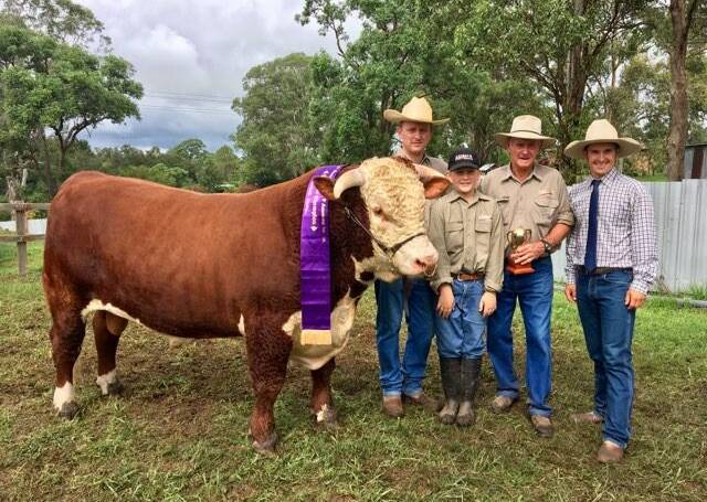 Supreme champion bull and supreme champion exhibit at this years Gloucester Show. 
Ashmar Lincoln exhibited by Ashmar Herefords. Ashley, Julius and Ian Hollingsworth and judge Mark Newell. Lincoln is now heading to Sydney for the Easter show. Picture. Supplied
