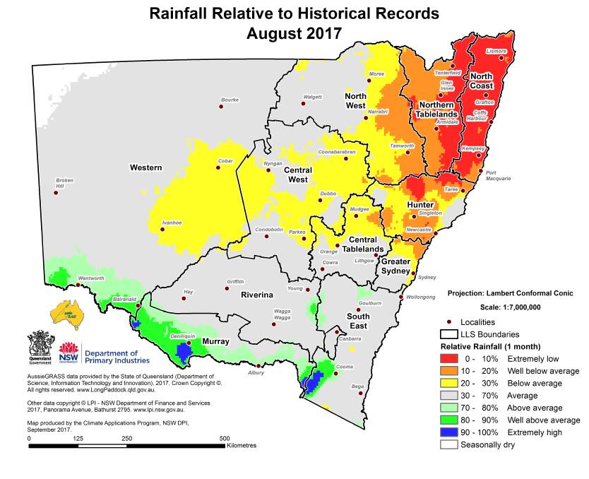 Rainfall relative to historical records August 2017 map