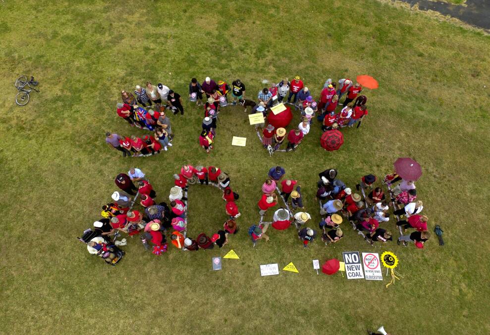 On of the 45 human Stop Adani signs was created in Gloucester. Photo. Supplied