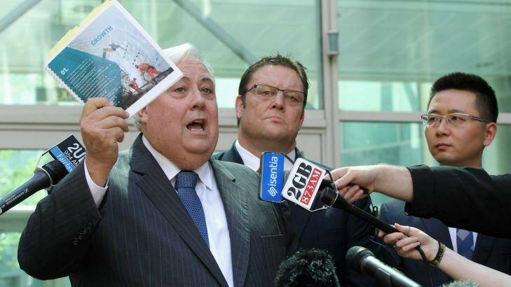 Palmer United Party leader Clive Palmer, with senators Glenn Lazarus and Zhenya 'Dio' Wang  on Wednesday. Photo: Alex Ellinghausen