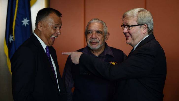 Former Prime Minister Kevin Rudd (right) speaking with journalist Stan Grant (left) and Aboriginal elder Uncle Allen Madden at The National Apology anniversary breakfast at the NSW Parliament House in Sydney. Photo: Dean Lewins
