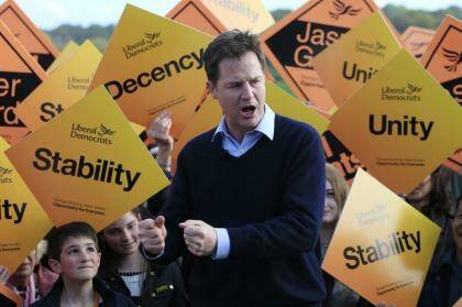 Liberal Democrat Party leader Nick Clegg speaks to supporters in Staplehurst, England. Photo: PA