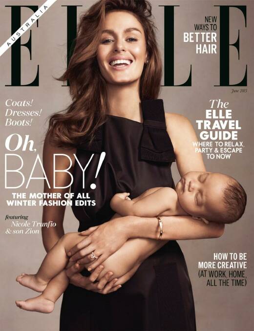Nicole Trunfio and baby Zion as they will appear on the June cover of <i>Elle Australia</i>. Photo: Elle Australia