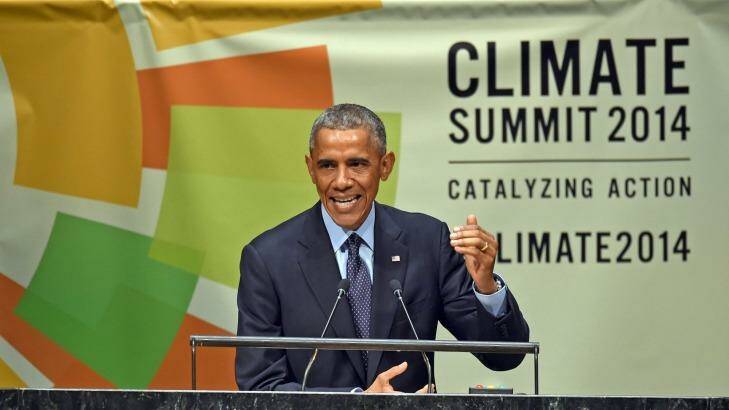 US President Barack Obama speaks at the United Nations Climate Summit in New York. Obama said climate change would be the defining issue of the century. Photo: Timothy A. Clary