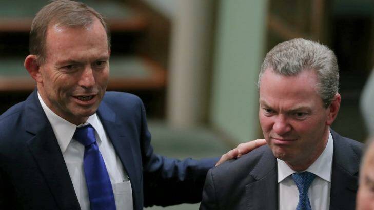 Former prime minister Tony Abbott and Minister for Defence Industry Christopher Pyne at Parliament House last month. Photo: Alex Ellinghausen