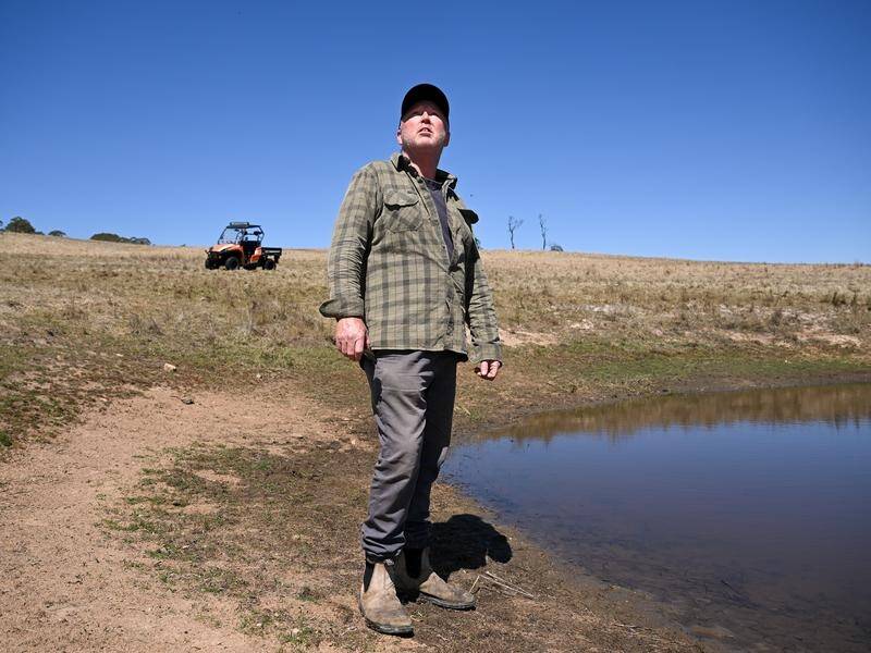 Sheep and cattle farmer James Clarke beside one of his shrinking dams. (Lukas Coch/AAP PHOTOS)