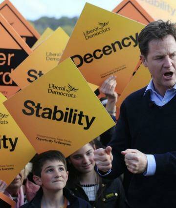 Liberal Democrat Party leader Nick Clegg speaks to supporters in Staplehurst, England. Photo: PA