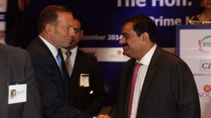 Prime Minister Tony Abbott with mining magnate Gautum Adani in Delhi, India. Photo: Andrew Meares