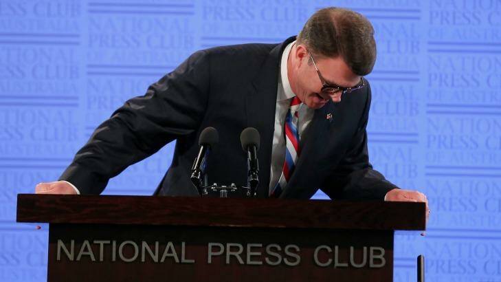 John Berry addresses the National Press Club of Australia in Canberra on Wednesday. Photo: Alex Ellinghausen