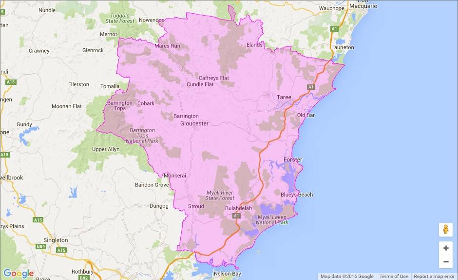The boundary of the new Mid-Coast Council. Source: Local Government (Council Amalgamations) Proclamation 2016.