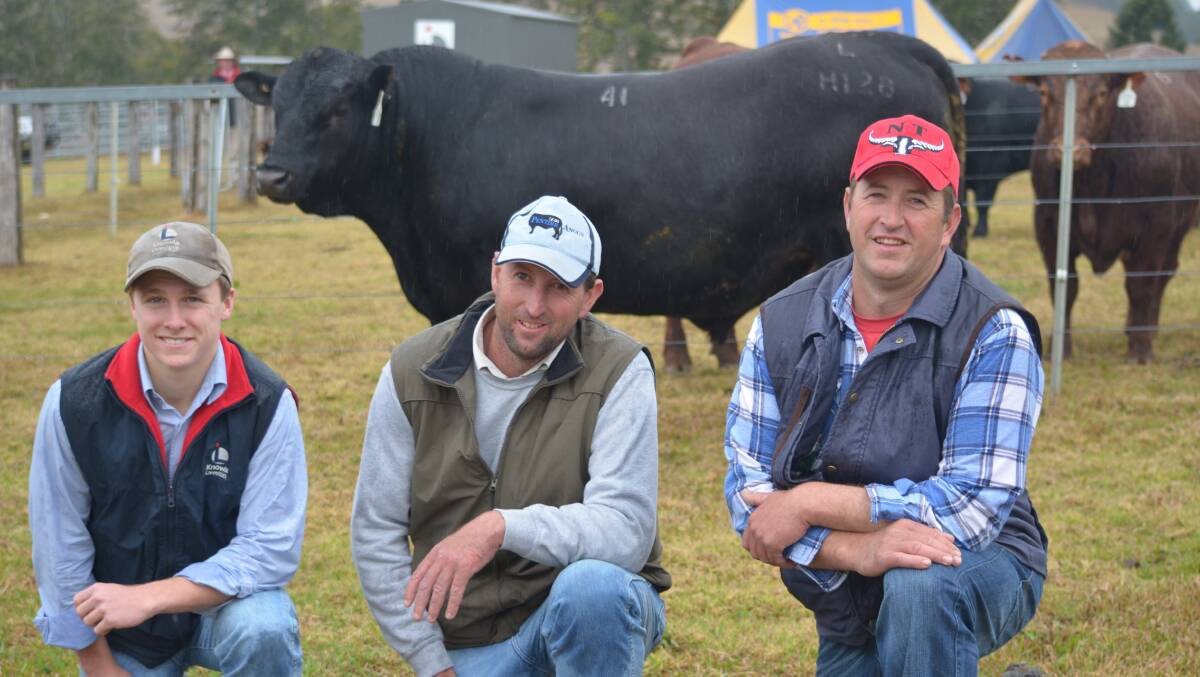 Rob Laurie from Knowla Livestock with the buyers of the top-priced bull, Knowla H128, Justin and Nigel Richards.