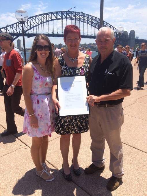 Jan Tresidder (centre) with daughter-in-law Eliza Jane and husband Bernie outside the Sydney Opera House.