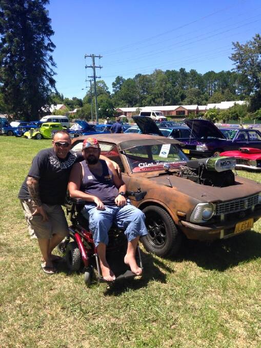 Brenton Teasdale with burnout champion Mick Brasher at the fundraiser.
