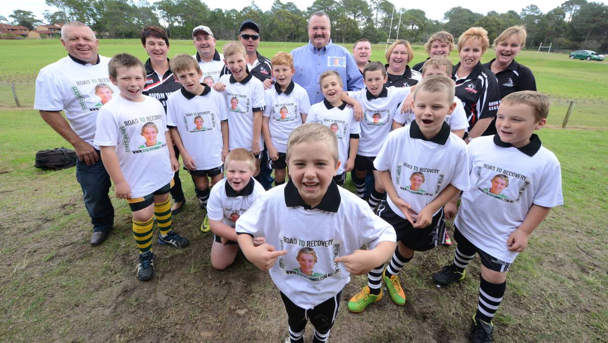 Junior Magpies players and parents joined players from the Forster-Tuncurry Hawks to film a segment for the Footy Show with Darryl Brohman on Monday.