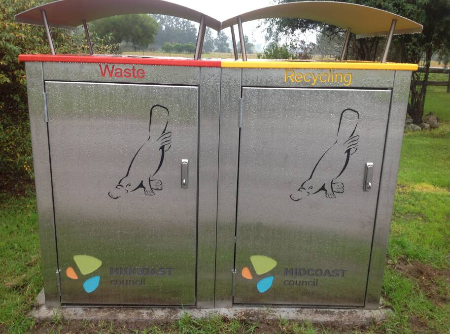 Waste management: The bins feature a platypus image, to symbolise the need to protect the Gloucester River system habitat of the species.