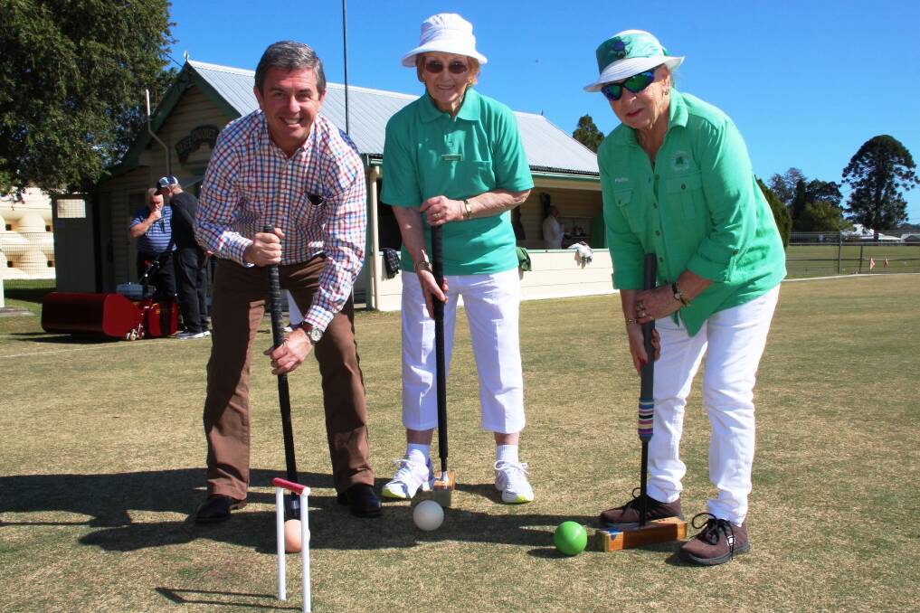 Member for Lyne Dr David Gillespie with Taree Croquet Club members. Maria Kealy and Pauline Wespi. The club received funding in the previous rounds of funding.
