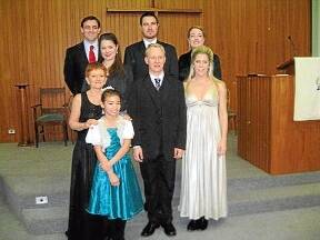 Sharolyn Kimmorley and local opera fan Kylee Fitzgerald with other members of the cast of Opera in the Church 2011.