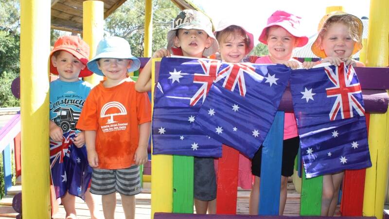 Corey Everett, Rhys Redman, Morgan Heap, Alice Murphy, Amelia Wooster and Emily Horton from the Barrington St Preschool and Long Day Care Centre prepare to celebrate Australia Day in Gloucester this Sunday.