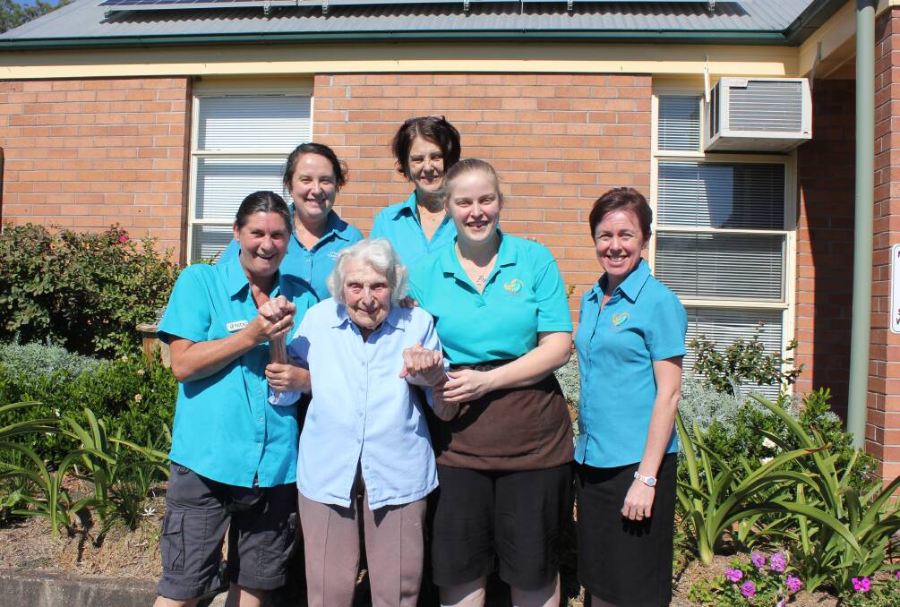 LOVE: Una Farley is given three cheers by the staff at Stroud Community Lodge for her 100th birthday on May 9. 