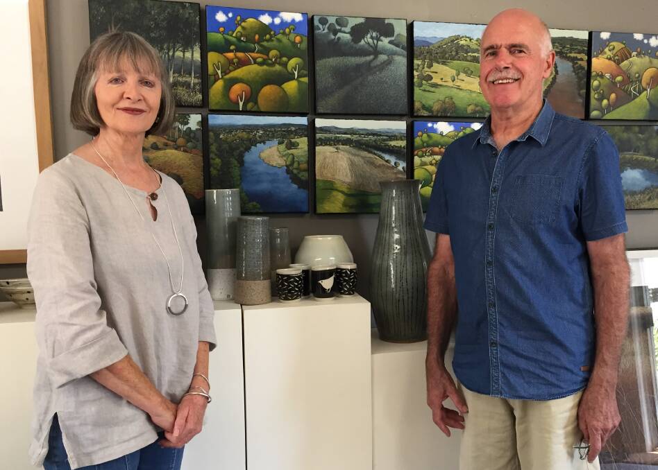 On show: Yvette and Peter Hugill join artist Ali Haigh in an art exhibition, on now at Gloucester Gallery. Photo: Julia Driscoll.