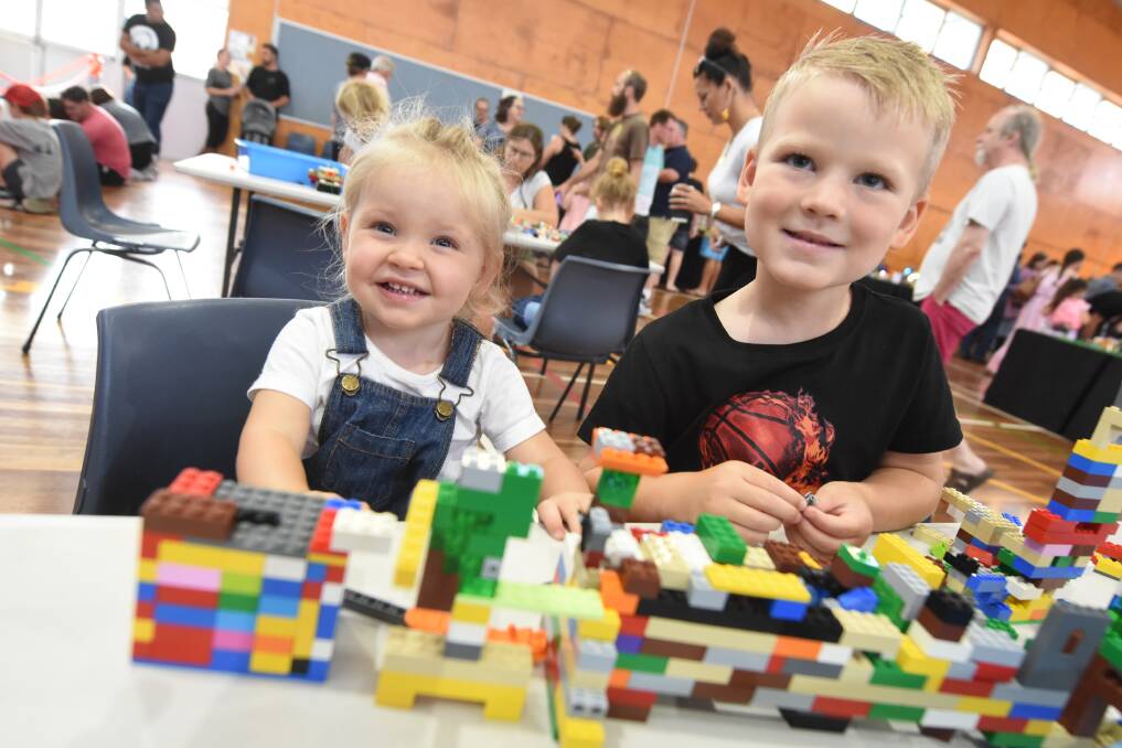 Time to get creative: Ari Tranter and Harrison McNally in the free build area at last year's MidCoast Brickfest. The event is on again this Saturday. Photo: Scott Calvin.