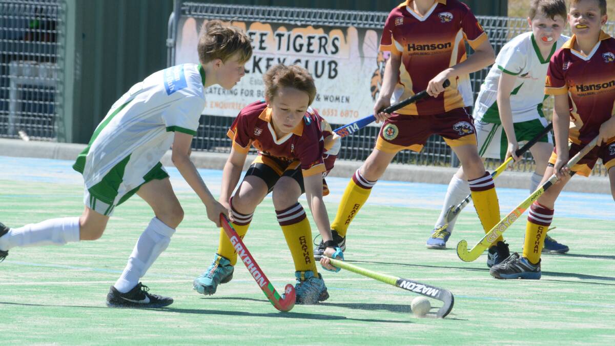 Tallis Taylor Wilson and Gus Johnson battle for possession during the under 11 hockey final last week. Manning senior and junior grand finals will be played on Friday night and Saturday.