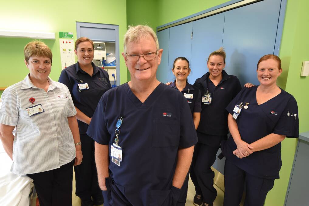 Dedicated: Midwife Paul Sandilands with Midwifery manager Robyn Bourke and midwives Sheridan Bond, Deb White, Janaya Lewis and Anne Maggs. Photo: Scott Calvin.