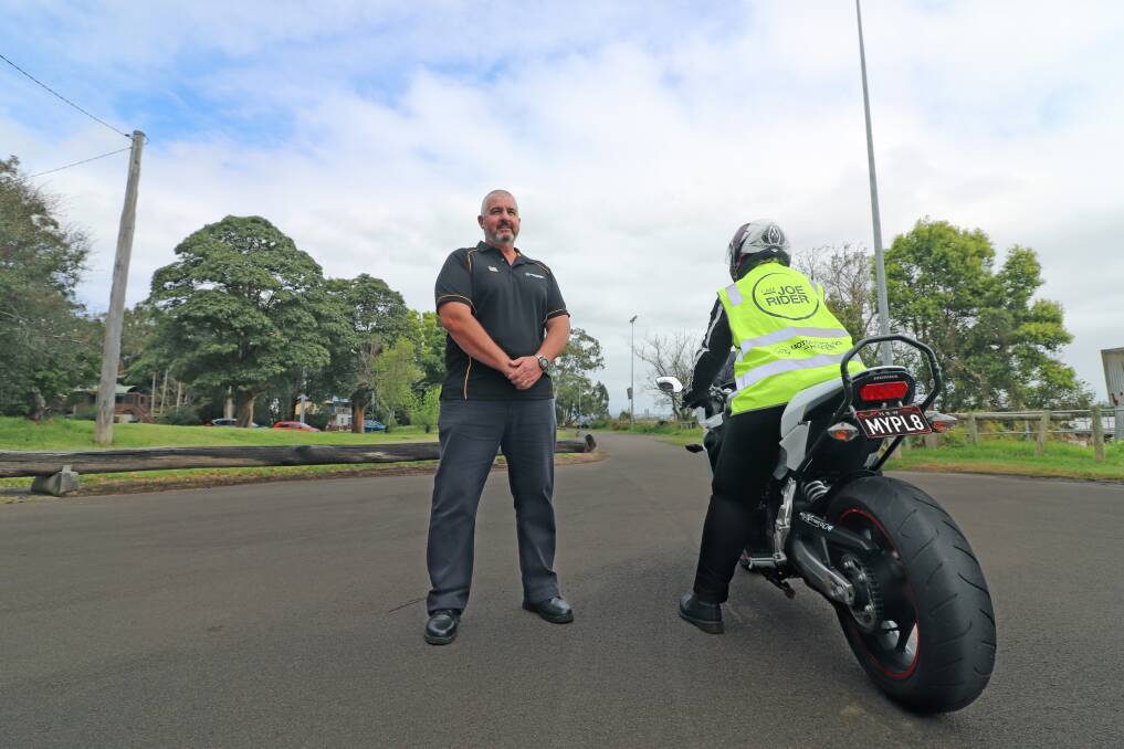 Road safety campaign: MidCoast Council's Road Safety Officer, Chris Dimarco with a Joe Rider.