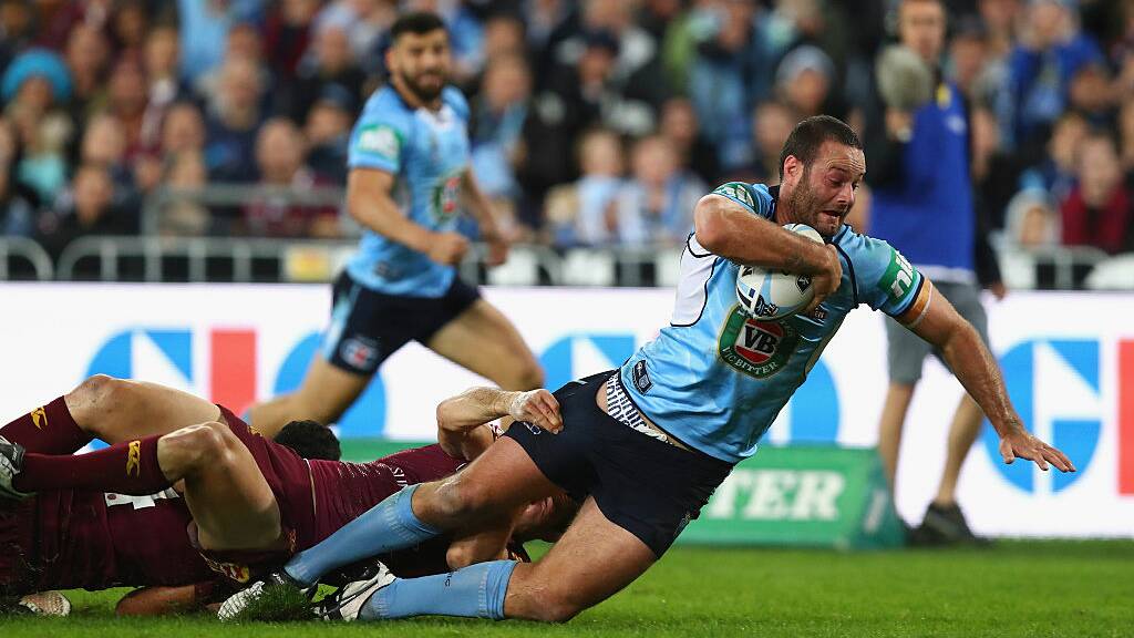Boyd Cordner about to score for NSW.