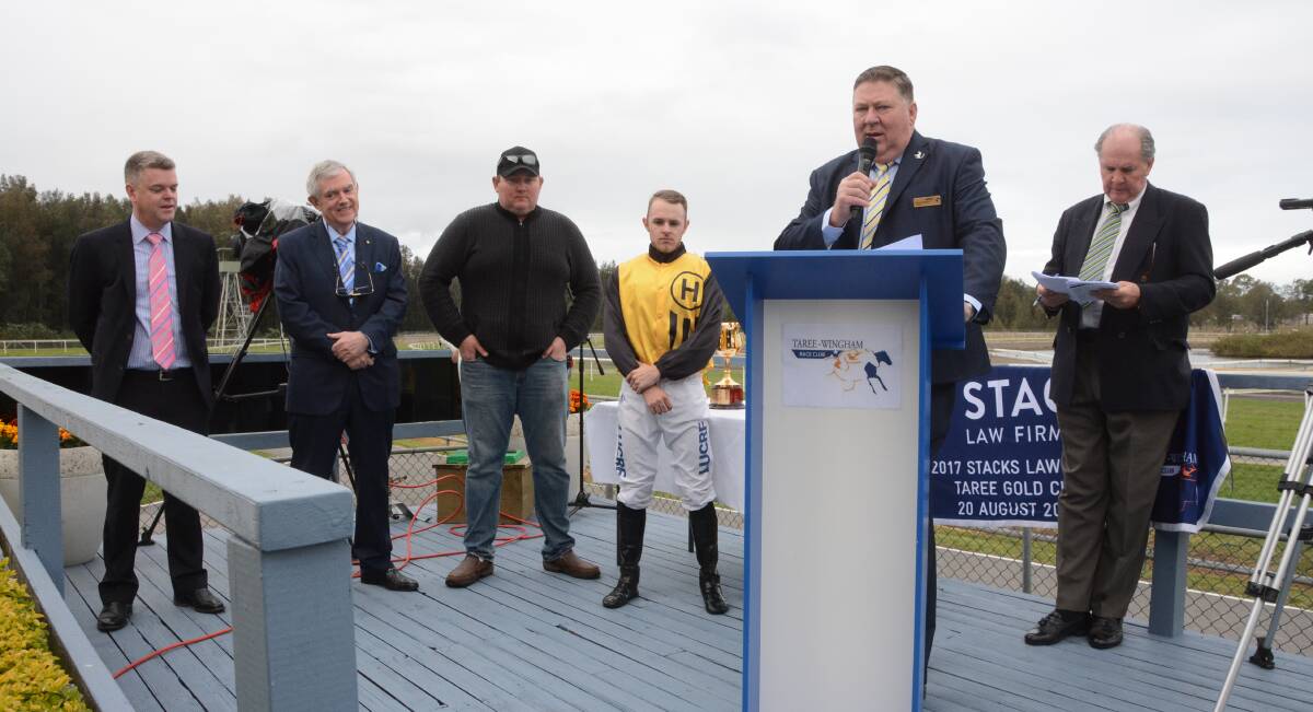 Taree-Wingham Race Club chairman Greg Coleman speaking at the presentation of this year's Taree Gold Cup. He'll be one of five Taree representatives on the nine strong Manning Valley Race Club board.