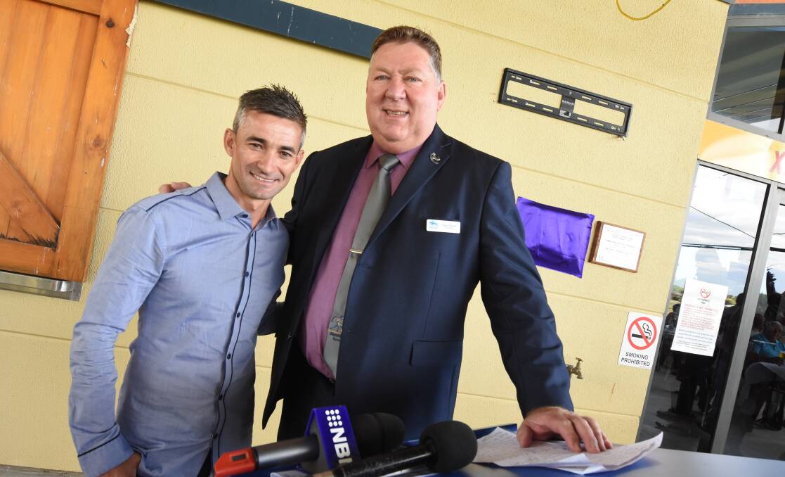 Champion jockey Corey Brown with Manning Valley Race Club chairman Greg Coleman at the club's launch last week.