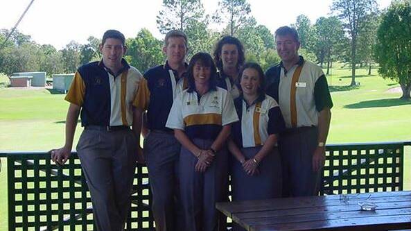 Adam Sharpe, Geoff Fletcher, Jenny Hook, Michele Kellett, Derani Barwick and Neville Parsons at Wauchope Country Club preparing to travel to Rotary District 5440 in the United States in May 2001.