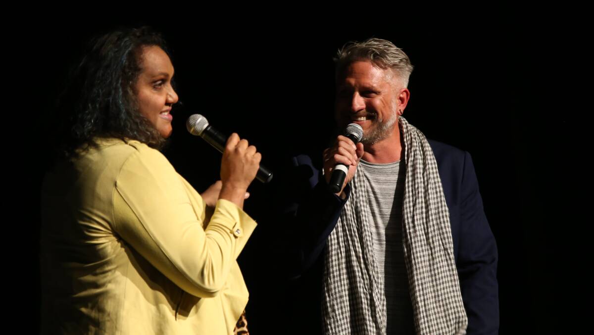 Actor-comedian Elaine Crombie and Grant Saunders on stage at Manning Entertainment Centre for the launch of Teach A Man to Fish in 2018.