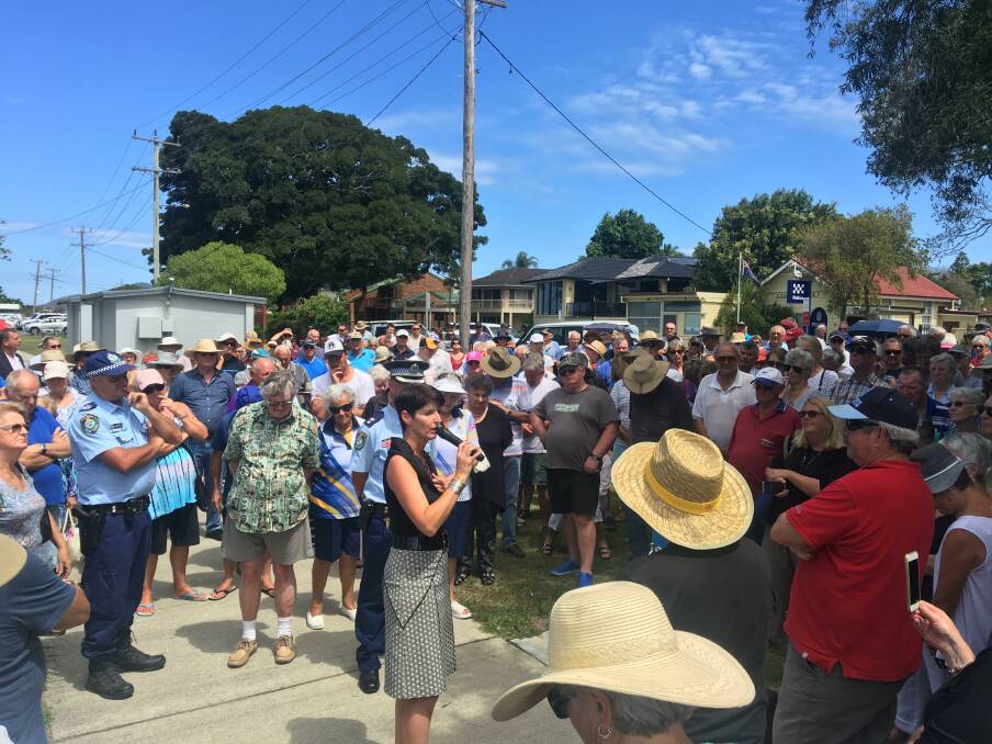 Member for Port Stephens, Kate Washington addresses residents of Hawkes Nest, Tea Gardens and surrounding areas gathered outside the Tea Gardens Police Station