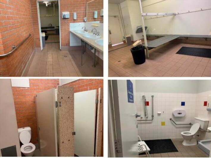 According to a council report although old and tired, pool amenities are functional, and have showers without doors which are no longer considered ideal. Picture MidCoast Council.