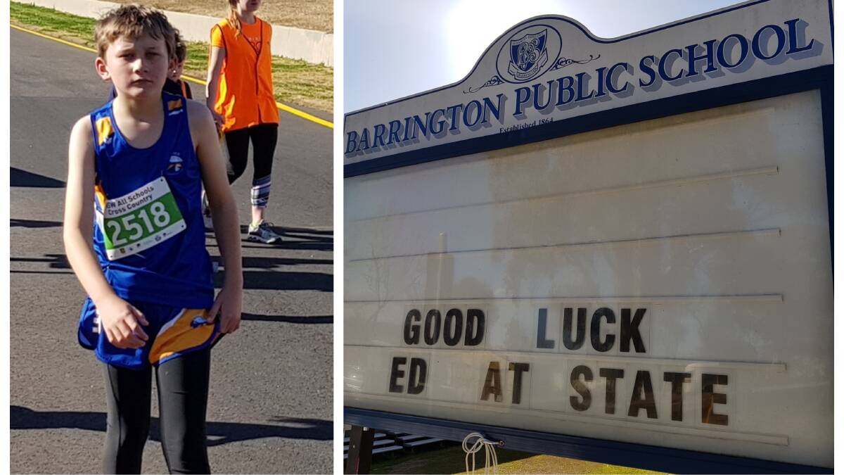 Edward Hollingworth during the competition in Sydney and Barrington Public School's message of support. Photo supplied