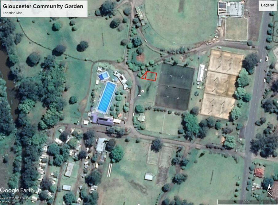 The red outline is the proposed plot for the Gloucester Community Garden