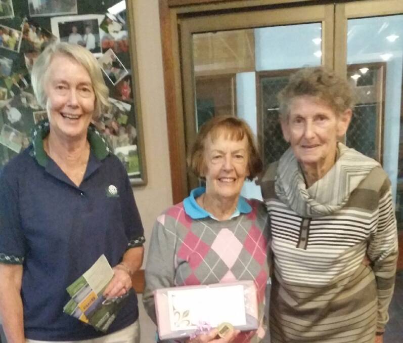 Ladies Monthly Medal winner Val Smith in between the sponsors, Jill Carson and Angela Sampson. Photo supplied