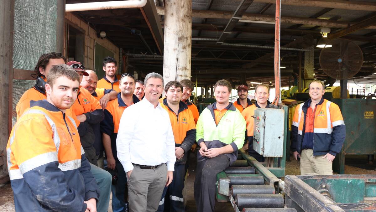 Federal Member for Lyne Dr David Gillespie meets the workers at Johnson Timber Mill in Karuah. Photo supplied