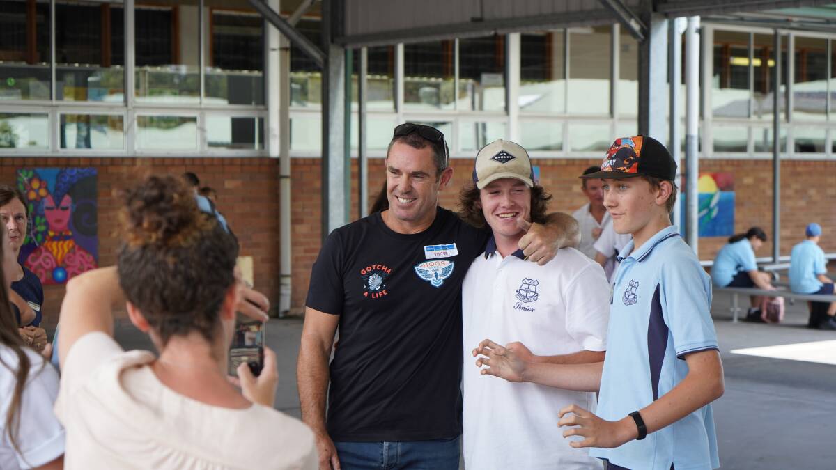 Brad Fittler with GHS students Travis Johnston and Edward Hollingsworth. Photo supplied by NSWRL