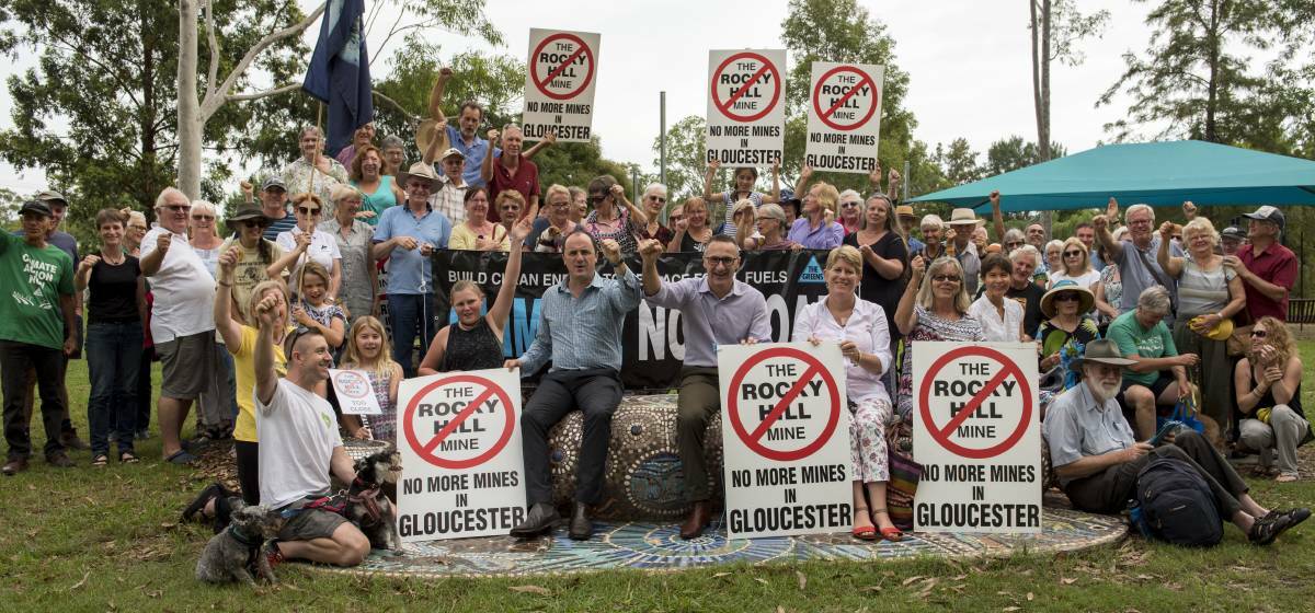 NSW Greens MP Jeremy Buckingham and Greens leader Senator Richard Di Natale with Gloucester residents opposed to the mine.