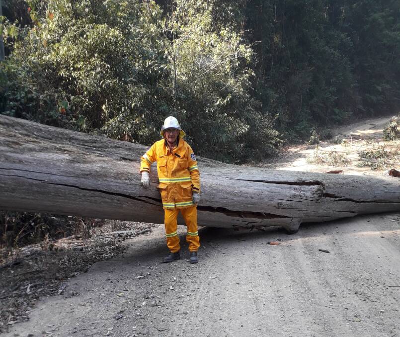Tibbuc Rural Fire Brigade volunteer, Mark Sutherland with a tree that fell across Baxter Ridge Road on Thursday in the Bretti fire. Photo supplied