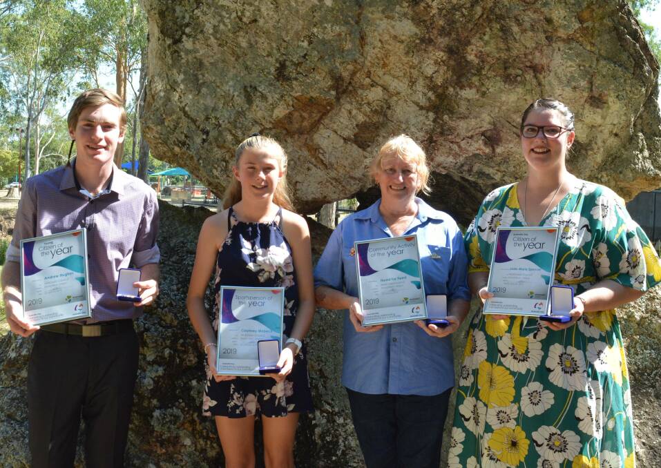 2019 Australia Day awardees: Andrew Hughes, Courtney Webeck, Jeannette Mumford and Jade-Marie Spencer at the ceremony in Billabong Park. Photo: Anne Keen